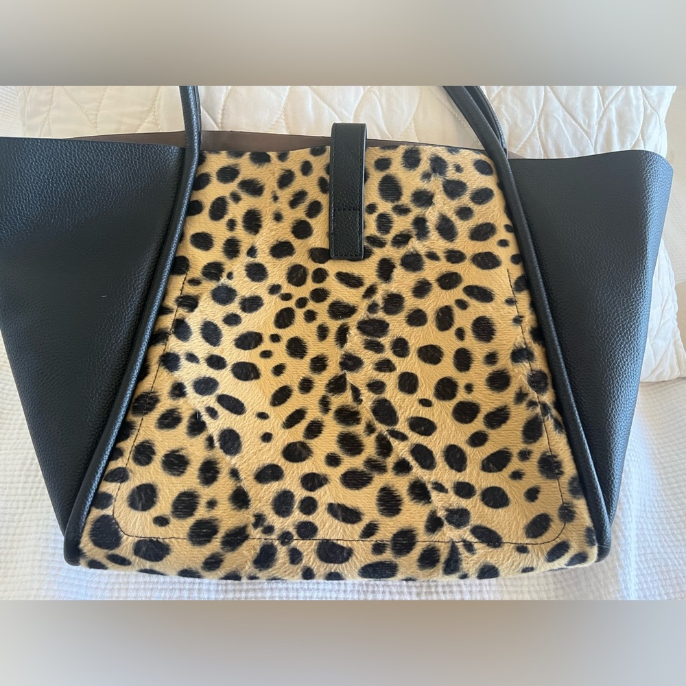 NWT Nordstrom rack, leopard print, tote bag, black, faux, leather, and hair calf